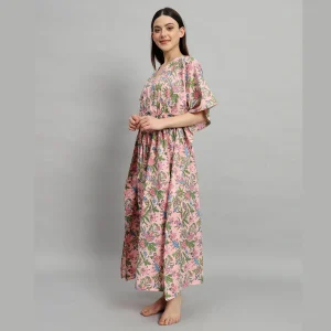Handicraft Pink Floral Print Cotton Kaftan Dress - Image 3