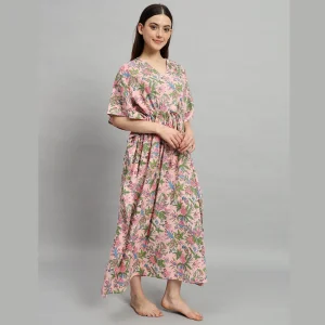 Handicraft Pink Floral Print Cotton Kaftan Dress - Image 4