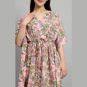 Handicraft Pink Floral Print Cotton Kaftan Dress - Image 5