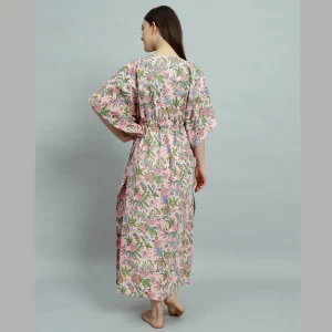 Handicraft Pink Floral Print Cotton Kaftan Dress - Image 6
