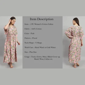 Handicraft Pink Floral Print Cotton Kaftan Dress - Image 7