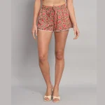 Handmade Beige Floral Print Cotton Short Pants - Image 3