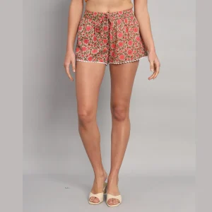 Handmade Beige Floral Print Cotton Short Pants - Image 3