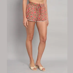 Handmade Beige Floral Print Cotton Short Pants - Image 4
