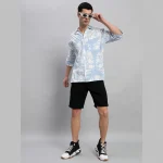 Handmade Floral Print Loose Shirt Light Blue