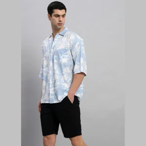 Handmade Floral Print Loose Shirt Light Blue - Image 4