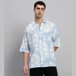 Handmade Floral Print Loose Shirt Light Blue - Image 2