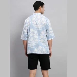 Handmade Floral Print Loose Shirt Light Blue - Image 7