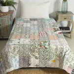 Handmade Patchwork Kantha Quilt Twin Size White Cotton Bedspread