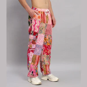 Handmade Pink Patchwork Baggy Pants For Men's - Image 4