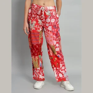 Handmade Red Patchwork Cotton Baggy Trousers - Image 3