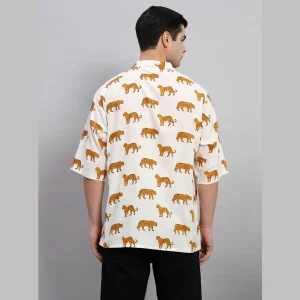 Handmade White Panther Print Cotton Loose Shirts - Image 9