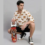 Handmade White Panther Print Cotton Loose Shirts