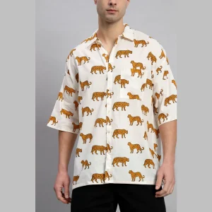 Handmade White Panther Print Cotton Loose Shirts - Image 8
