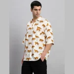 Handmade White Panther Print Cotton Loose Shirts - Image 3