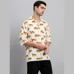 Handmade White Panther Print Cotton Loose Shirts - Image 4