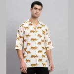Handmade White Panther Print Cotton Loose Shirts - Image 2