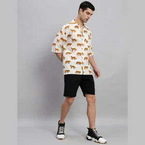 Handmade White Panther Print Cotton Loose Shirts - Image 5