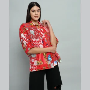 Indian Cotton Red Patchwork Women Shirts - Image 5