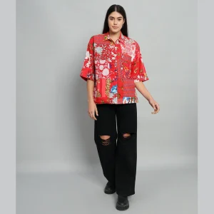 Indian Cotton Red Patchwork Women Shirts - Image 4