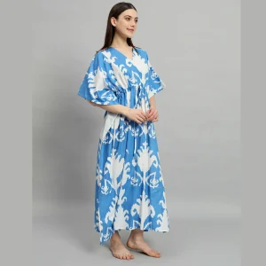 Indian Handmade Blue Floral Print Women Long Kaftans - Image 4