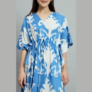 Indian Handmade Blue Floral Print Women Long Kaftans - Image 5