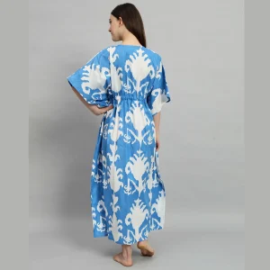 Indian Handmade Blue Floral Print Women Long Kaftans - Image 6