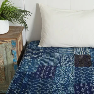 Indian Indigo Blue Kantha Quilt Patchwork Bedspread - Image 4