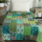 Kantha Quilt Patchwork Bedspread Twin Size Green Gudari