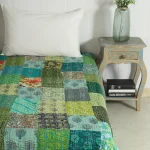 Kantha Quilt Patchwork Bedspread Twin Size Green Gudari - Image 2