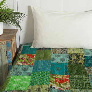 Kantha Quilt Patchwork Bedspread Twin Size Green Gudari - Image 3