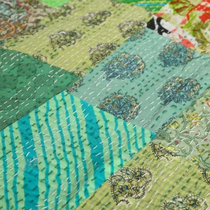 Kantha Quilt Patchwork Bedspread Twin Size Green Gudari - Image 4