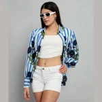 Long Puff Sleeve Casual Shirt Blue Floral Printed
