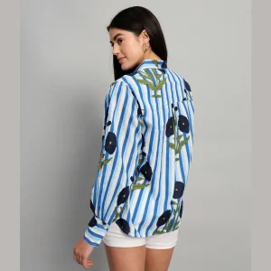 Long Puff Sleeve Casual Shirt Blue Floral Printed - Image 8