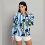 Long Puff Sleeve Casual Shirt Blue Floral Printed - Image 2