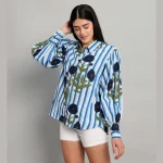 Long Puff Sleeve Casual Shirt Blue Floral Printed - Image 3