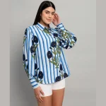 Long Puff Sleeve Casual Shirt Blue Floral Printed - Image 4