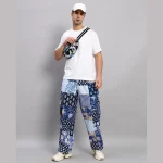 Luxury Blue Patchwork Baggy Trousers Men's Cotton Pants