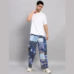 Luxury Blue Patchwork Baggy Trousers Men's Cotton Pants - Image 2