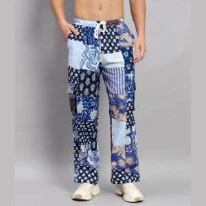 Luxury Blue Patchwork Baggy Trousers Men's Cotton Pants - Image 4