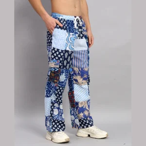 Luxury Blue Patchwork Baggy Trousers Men's Cotton Pants - Image 6