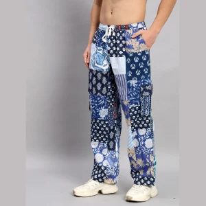 Luxury Blue Patchwork Baggy Trousers Men's Cotton Pants - Image 5