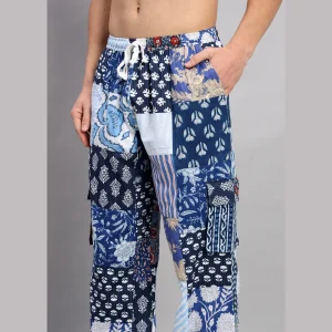 Luxury Blue Patchwork Baggy Trousers Men's Cotton Pants - Image 3
