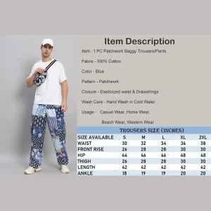 Luxury Blue Patchwork Baggy Trousers Men's Cotton Pants - Image 8