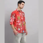 Luxury Red Patchwork Oversized Cotton T Shirt For Men's - Image 5
