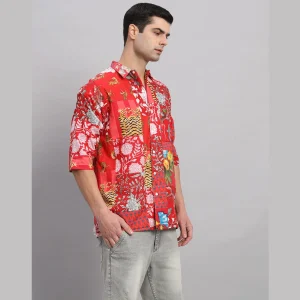 Luxury Red Patchwork Oversized Cotton T Shirt For Men's - Image 5