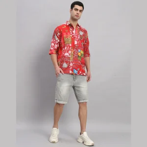 Luxury Red Patchwork Oversized Cotton T Shirt For Men's - Image 3