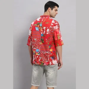 Luxury Red Patchwork Oversized Cotton T Shirt For Men's - Image 7