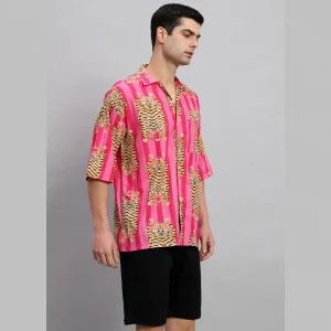 Men Stripes Tiger Oversized Shirt with Patch Pocket - Image 3