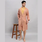 Men's Beige Floral Print Cotton Bathrobe